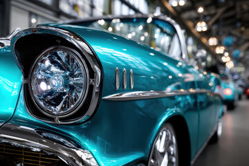Close Up View of Teal Classic Car Headlight