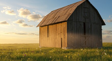Fototapeta premium Rustic wooden barn stands in a field under a clear bright blue sky