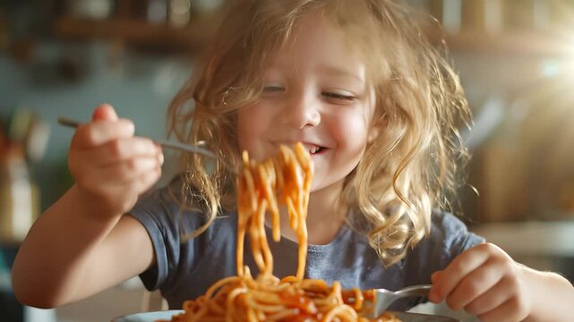 A young girl eagerly twirls spaghetti on her fork, savoring each bite with delight. The cozy kitchen ambiance enhances her joyful experience, filled with warmth and aroma.