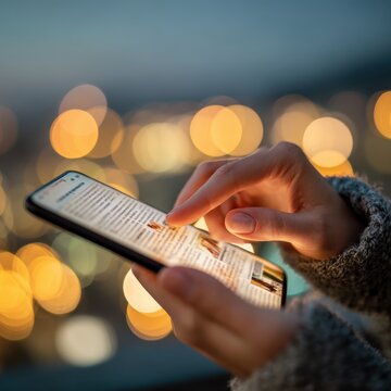 Person checking news feed on smartphone at night