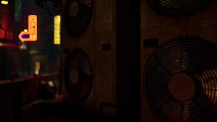 Bright neon lights glow in a nightlife scene, while large cooling fans hum softly. The urban backdrop pulses with energy, showcasing the excitement of a city after dark.
