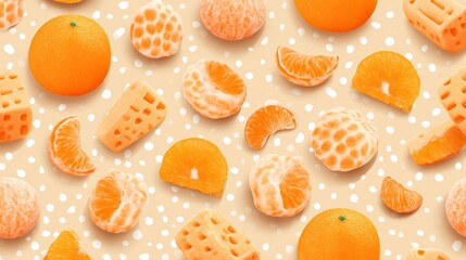 Vibrant assortment of oranges and tangerines arranged artistically on a soft pastel background, showcasing various textures and shapes, ideal for fresh fruit themes and culinary designs