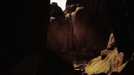 Golden light spills into a narrow canyon, illuminating rugged rock formations. The tranquil atmosphere invites exploration, with soft shadows playing on the rocky surfaces.