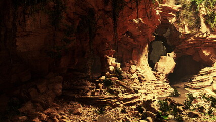 Warm sunlight illuminates this stunning cave, revealing textured rocks and lush greenery. The tranquil stream flows gently, inviting curious adventurers to explore its secrets.