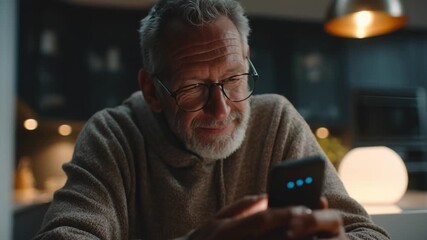 Accessible home technology, visually impaired man using voice assistant device, modern kitchen background, glowing friendly interface lights, sense of empowerment and independence, cinematic tone of c