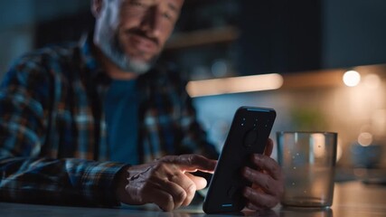 Accessible home technology, visually impaired man using voice assistant device, modern kitchen background, glowing friendly interface lights, sense of empowerment and independence, cinematic tone of c