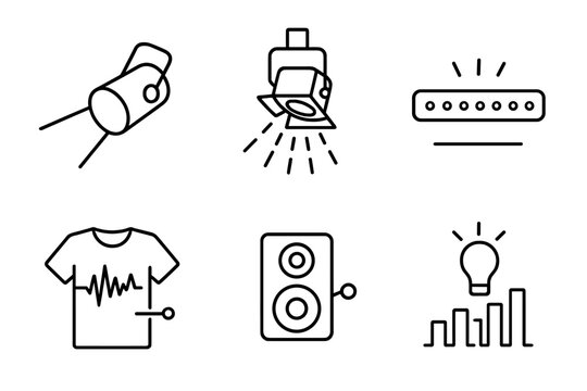 Line Style Show Icons. Line style icons of light and audio in digital shows: spotlight beam icon, synchronized strobe effect,