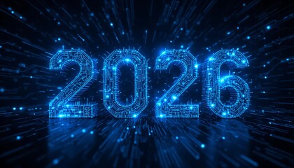 Blue 2026 Text with Digital and Futuristic Elements on Dark Technology Background