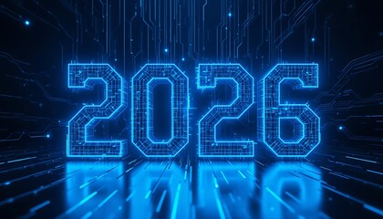 Neon blue 2026 numbers formed with tech lines and circuits, representing AI evolution, data networks, and futuristic innovation.