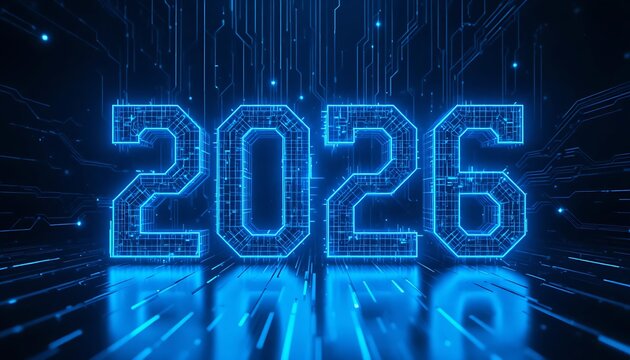 Neon blue 2026 numbers formed with tech lines and circuits, representing AI evolution, data networks, and futuristic innovation.