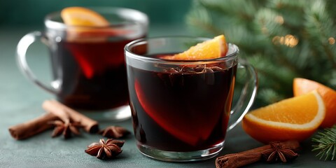 Warm spiced beverage in glass cups garnished with orange slices and star anise, surrounded by festive greenery, creating a cozy winter atmosphere for holiday celebrations
