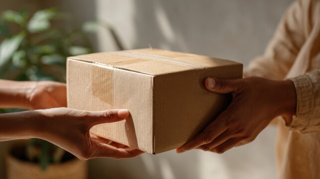 Hands Exchanging Cardboard Box in Sunlit Room - Connection, Trust, and Delivery