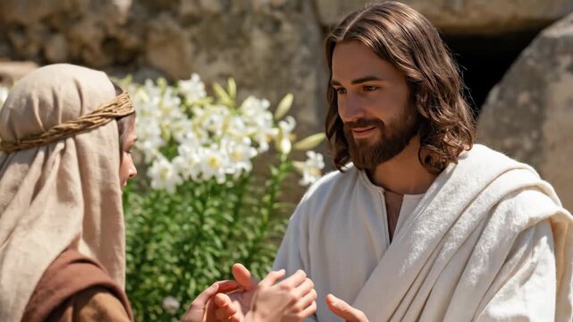 Man and woman encounter at an ancient tomb with white flowers for Easter celebration of the resurrection of Jesus Christ