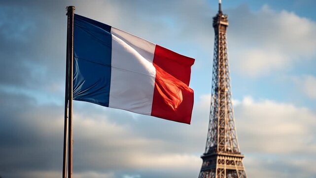 french flag waving in front of eiffel tower in blue sky of paris france