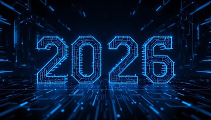 Futuristic blue digital “2026” glowing in a cyber grid, symbolizing technology, innovation, and the future of digital transformation.