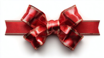 Vibrant red ribbon bow with glossy texture and golden edges, elegantly arranged on a smooth white background, perfect for festive decorations and gift wrapping