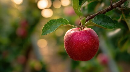Fresh Red Apple on Tree Branch in Sunlit Orchard with Dew Drops – Nature's Harvest
