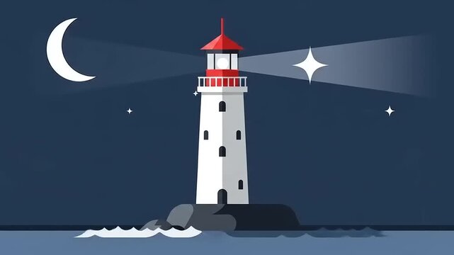 A tall white lighthouse with a red top stands on rocks in the ocean at night, guiding ships with its beam of light under a crescent moon and stars.