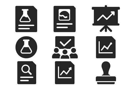 Scientific Icons Collection. Solid style icons of scientific communication and reports: lab report sheet, scan result page,