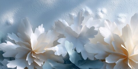 Delicate white paper flowers arranged beautifully against a soft blue background, creating a serene and elegant atmosphere for artistic and decorative purposes