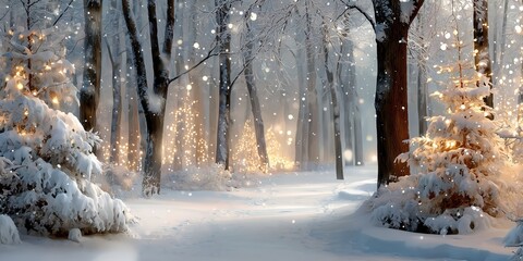 Winter forest scene with snow-covered trees and twinkling lights, creating a magical atmosphere, inviting exploration and tranquility in a serene landscape