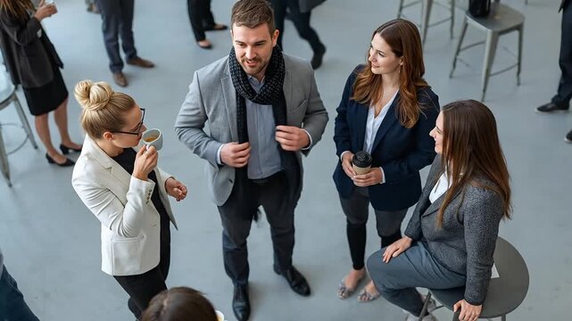 Diverse Business Professionals Networking & Conversing at a Modern Corporate Event; Overhead View of Engaged Group Discussion and Social Interaction