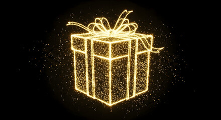 Glowing golden gift box outline made of sparkling particles