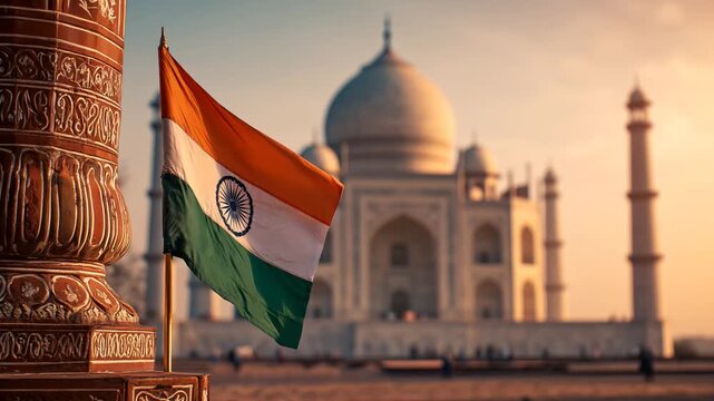 indian flag waving in front of taj mahal india bharat