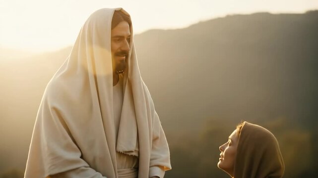 Man in white robe helping kneeling woman in head covering with clasped hands on sunny hill for religious devotion