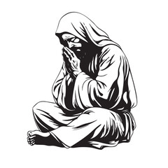 Black and White Line Art of Jesus Praying with Hands Together.