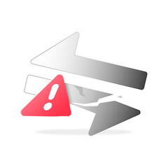 illustration of broken transfer with exclamation mark. failed sending or receiving, unsuccessful data transfer. for mobile apps, user interface alerts, system notifications, error messages