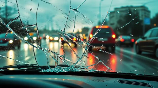 A cracked windshield view of busy traffic on a rainy city road.