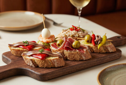Selecci&oacute;n de pintxos tradicionales espa&ntilde;oles servidos sobre pan r&uacute;stico en tabla de madera