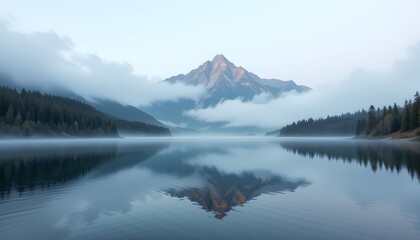 A picturesque view of a serene lake reflecting the surrounding mountains. The scene is enveloped in mist, creating a tranquil atmosphere