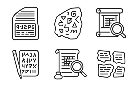 Ancient Language Symbols. Line style icons of Script Decoding: Rosetta Stone, Undeciphered Script, Linguistic Puzzle, Cultural