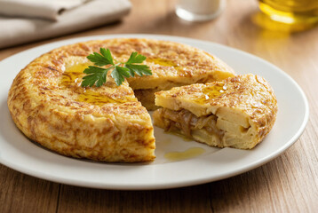 Tortilla de patatas cremosa con cebolla caramelizada y aceite de oliva virgen extra