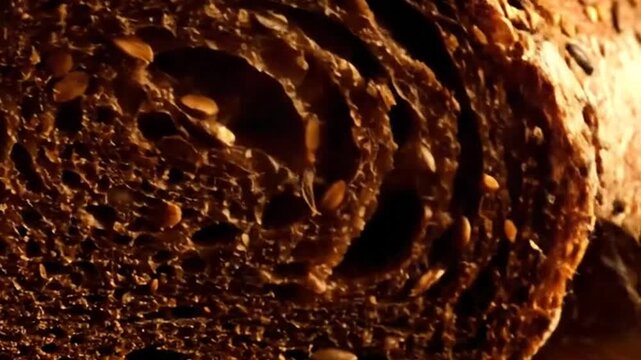 Close-up of textured whole grain bread slice with swirling patterns and nut