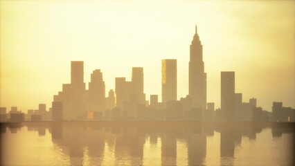 Fototapeta premium A stunning city skyline emerges at dawn, bathed in golden light. The buildings stand tall against the backdrop of a serene river, creating a dreamlike reflection that captivates the viewer.