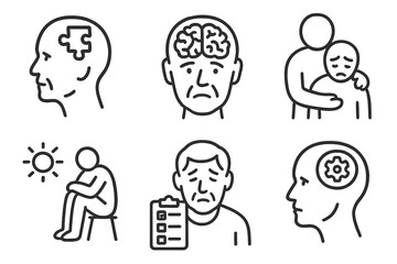 Aging Mental Health Icons. Line style icons of mental health in aging: memory loss symbol, dementia brain, emotional support