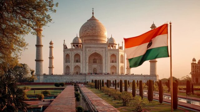 indian flag waving in front of taj mahal india bharat