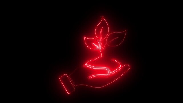 Glowing neon hand holding red tree icon isolated , tree save icon isolated 