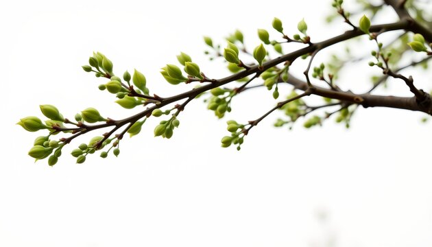 Close-up of fresh spring buds on a tree branch, set against a blurred background. The buds are vibrant green and symbolize new beginnings