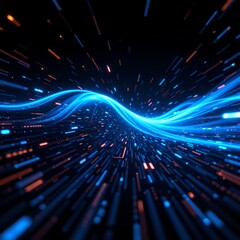 Fototapeta premium A dynamic and abstract image of glowing blue and orange lines against a dark background, representing digital data flow or energy