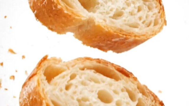 Close-up of crispy bread slices with crumbs scattered in a dynamic sequence