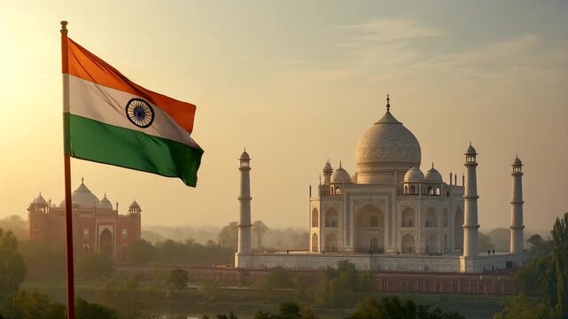 indian flag waving in front of taj mahal india bharat