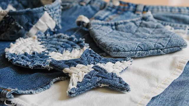 Closeup of a handmade denim quilt with star and circular patterns showcasing sustainable fashion and creative reuse of old jeans.