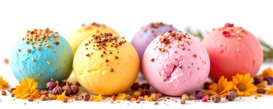 Close-up shot of colorful bath bombs arranged on a table with a natural setup