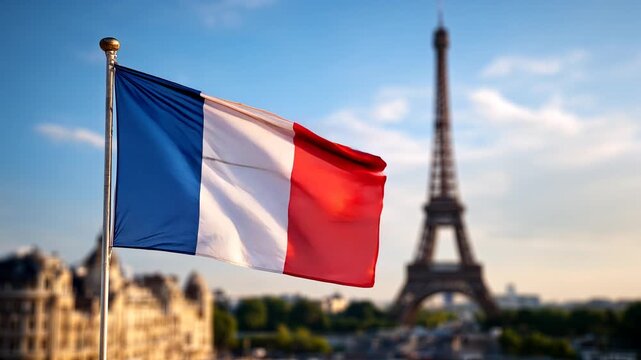french flag waving in front of eiffel tower in blue sky of paris france