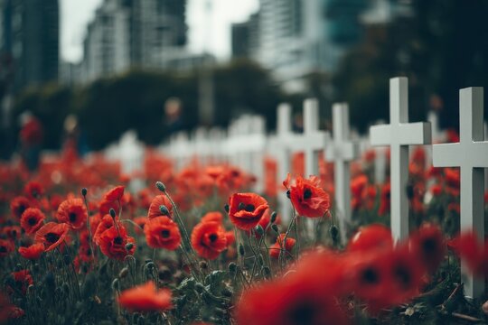 Anzac Day Memorial with Poppies and Crosses