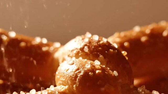 Close-up of sugar-coated ginger under water spray with warm lighting